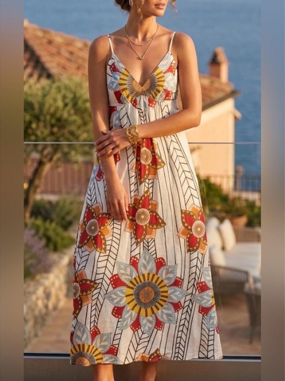Sunburst Floral Maxi Dress in White with Red & Yellow Accents